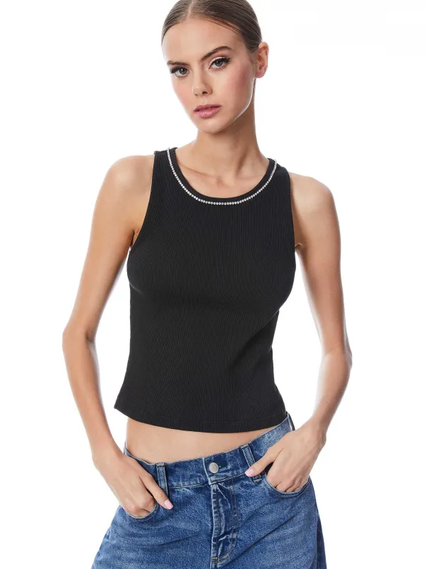 Women Alice and Olivia Allen Embellished Neck Ribbed Tank