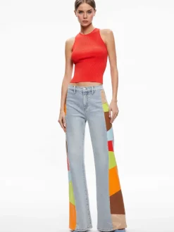 Women Alice and Olivia Beautiful Vegan Leather Patchwork Flare Jean