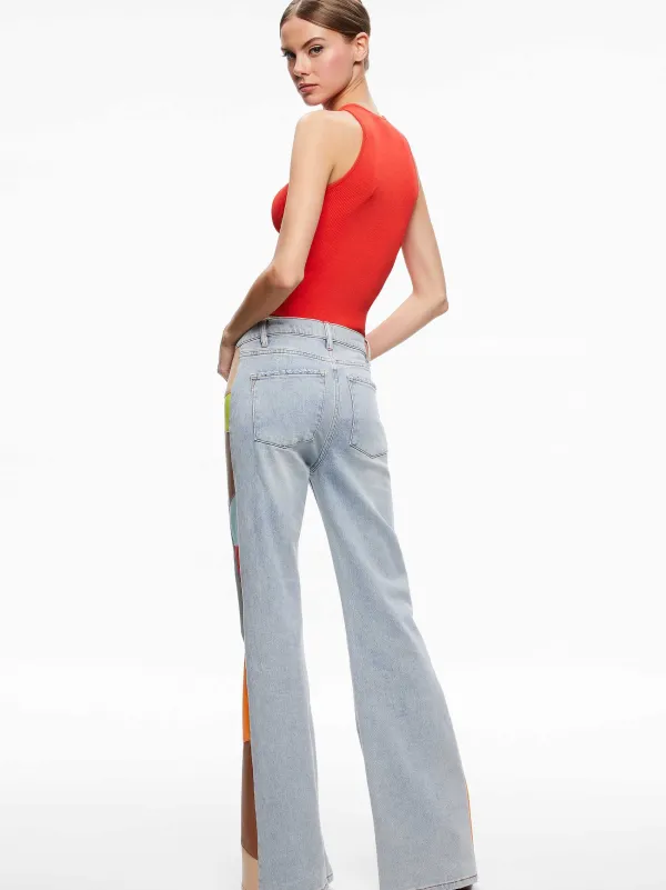 Women Alice and Olivia Beautiful Vegan Leather Patchwork Flare Jean