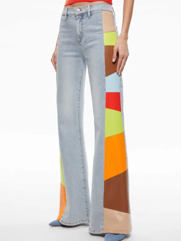 Women Alice and Olivia Beautiful Vegan Leather Patchwork Flare Jean