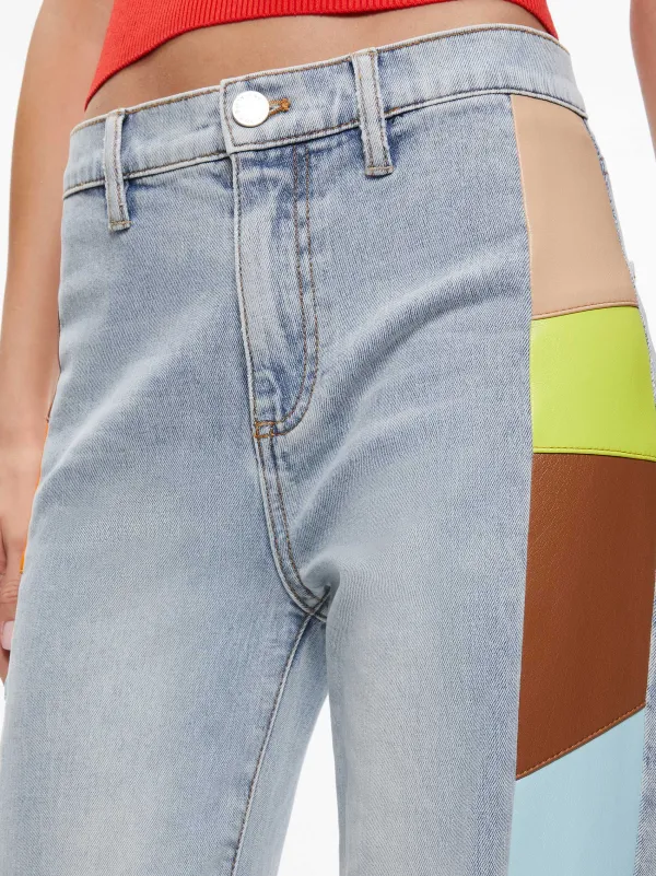 Women Alice and Olivia Beautiful Vegan Leather Patchwork Flare Jean