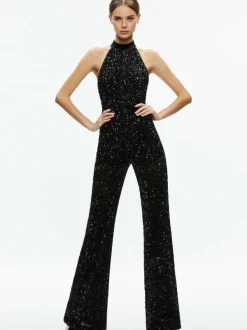 Women Alice and Olivia Cataline Sequin High Neck Wide Leg Jumpsuit