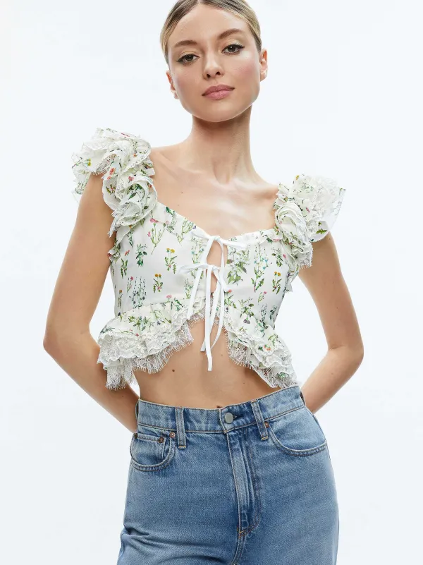 Women Alice and Olivia Charline Ruffle Cropped Top