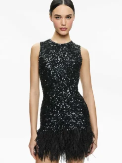 Women Alice and Olivia Coley Embellished Feather Trim Mini Dress