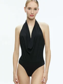Women Alice and Olivia Dani Halter Deep Cowl Neck Bodysuit