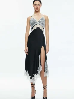 Women Alice and Olivia Daphne Lace Asymmetrical Slit Midi Dress