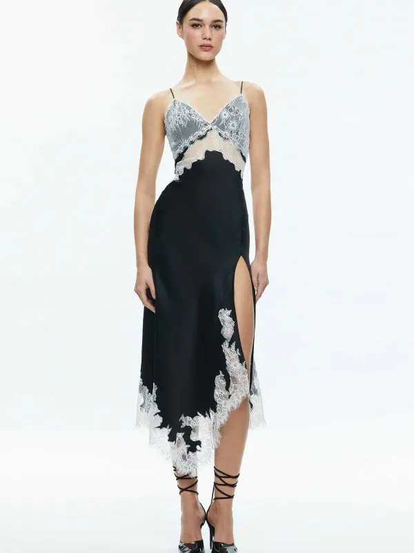 Women Alice and Olivia Daphne Lace Asymmetrical Slit Midi Dress