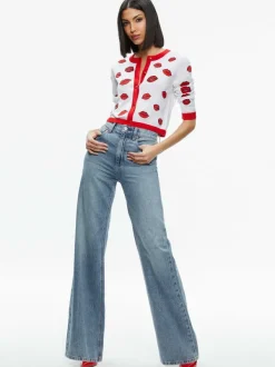 Women Alice and Olivia Daroda Kiss Crewneck Cropped Cardigan