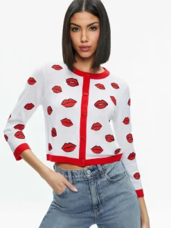 Women Alice and Olivia Daroda Kiss Crewneck Cropped Cardigan