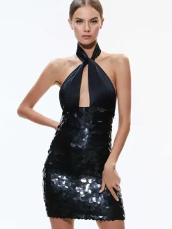 Women Alice and Olivia Dedra Embellished Twist Neck Mini Dress