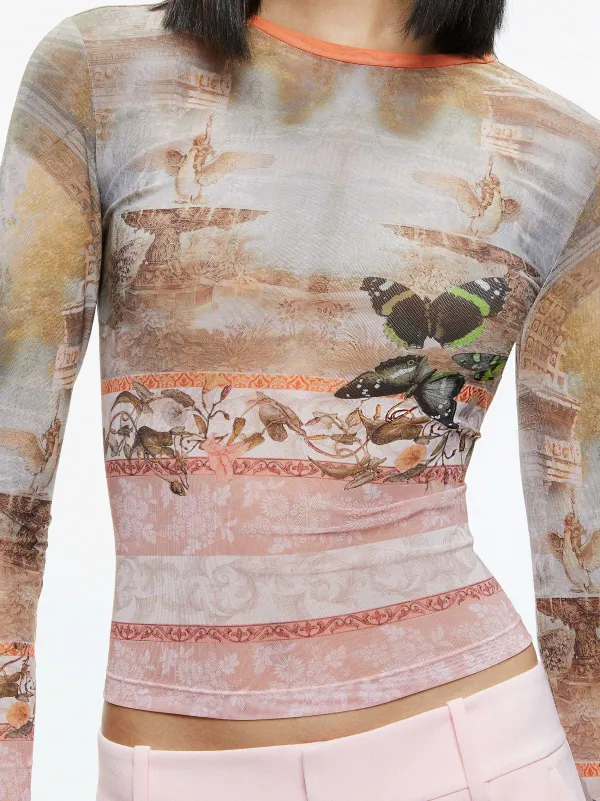 Women Alice and Olivia Delaina Printed Mesh Long Sleeve Crop Top