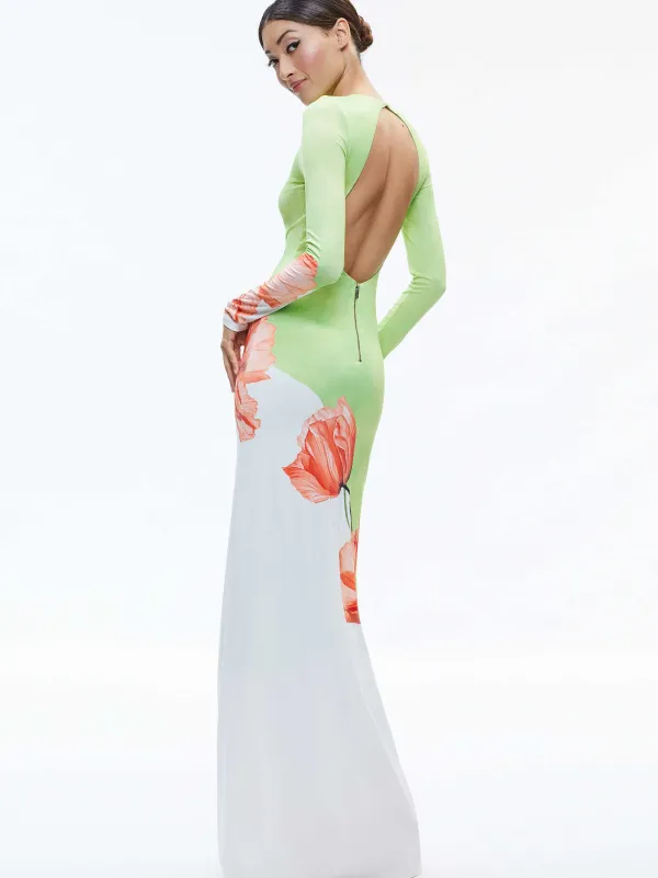 Women Alice and Olivia Delora Open Back Crew Neck Maxi Dress