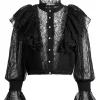 Women Alice and Olivia Delpha Ruffle Lace Blouson Sleeve Cropped Top