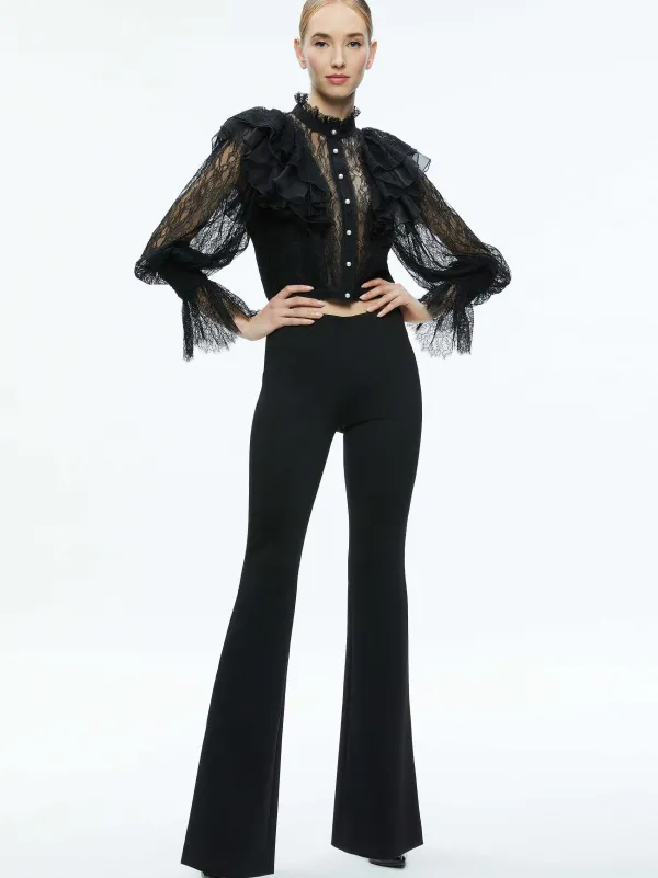 Women Alice and Olivia Delpha Ruffle Lace Blouson Sleeve Cropped Top