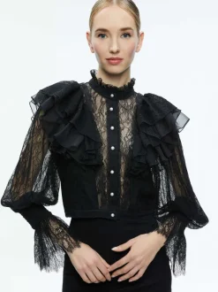 Women Alice and Olivia Delpha Ruffle Lace Blouson Sleeve Cropped Top