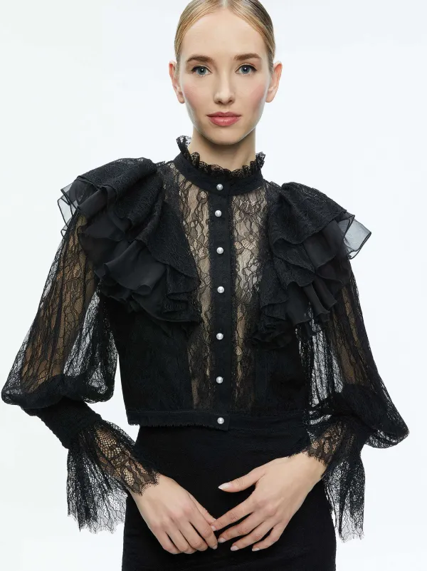 Women Alice and Olivia Delpha Ruffle Lace Blouson Sleeve Cropped Top