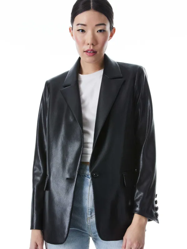 Women Alice and Olivia Denny Vegan Leather Notch Collar Blazer