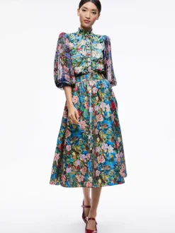 Women Alice and Olivia Earla Vegan Leather Flare Skirt + Ilan Smocked Sleeve Button Front Blouse