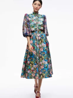 Women Alice and Olivia Earla Vegan Leather Flare Skirt + Ilan Smocked Sleeve Button Front Blouse