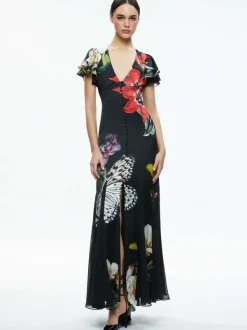 Women Alice and Olivia Fara Deep V-Neck Flutter Sleeve Maxi Dress