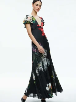 Women Alice and Olivia Fara Deep V-Neck Flutter Sleeve Maxi Dress