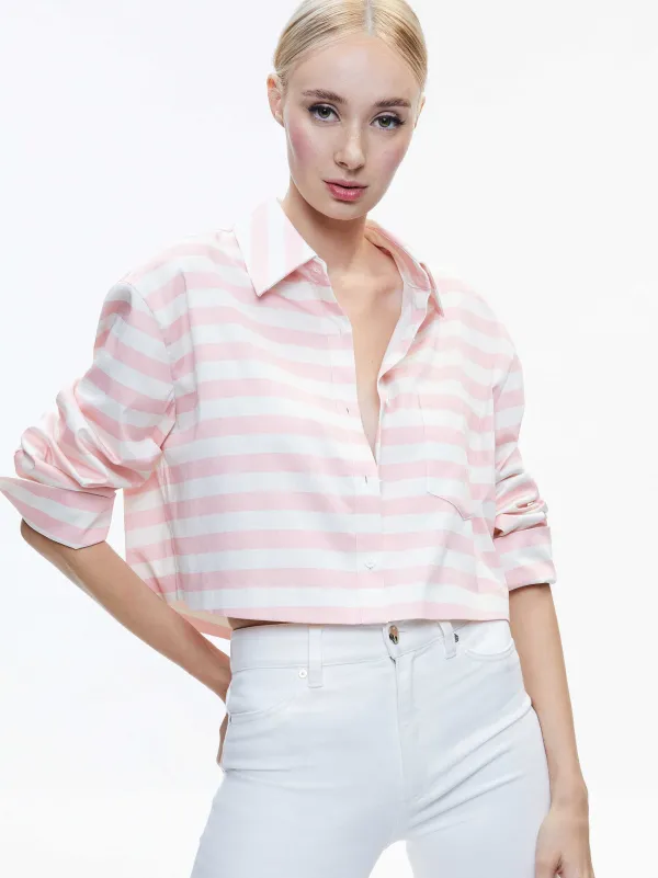 Women Alice and Olivia Finely Cropped Oversized Button Down Shirt