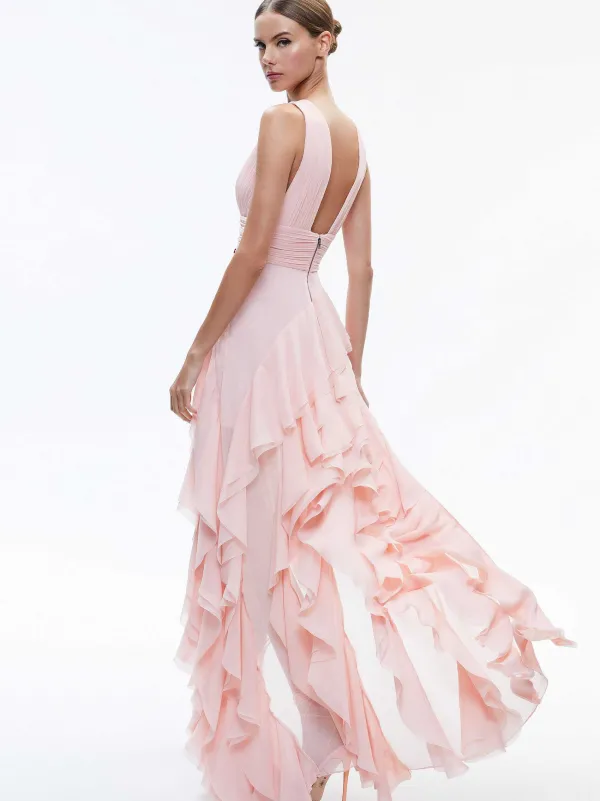 Women Alice and Olivia Holly Low Neck Asymmetric Ruffled Maxi Dress