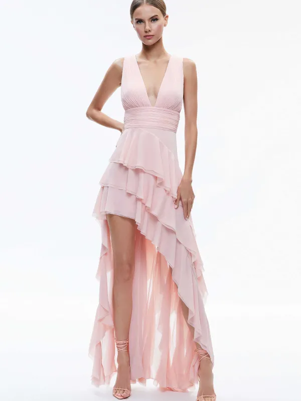 Women Alice and Olivia Holly Low Neck Asymmetric Ruffled Maxi Dress