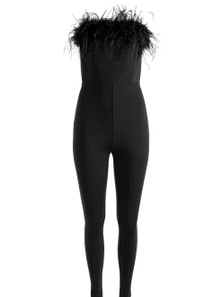 Women Alice and Olivia Idell Off Shoulder Feather Trim Jumpsuit