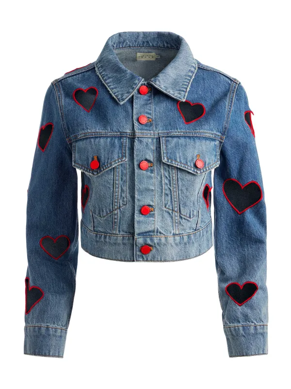 Women Alice and Olivia Jeff Heart Embroidered Cropped Denim Jacket