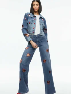 Women Alice and Olivia Jeff Heart Embroidered Cropped Denim Jacket