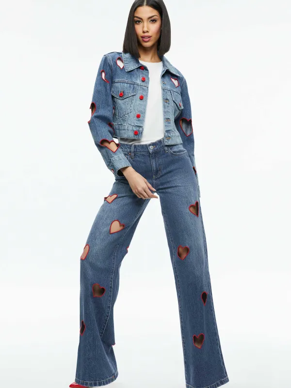 Women Alice and Olivia Jeff Heart Embroidered Cropped Denim Jacket