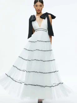 Women Alice and Olivia Jessalyn Bow Strap Tiered Maxi Gown