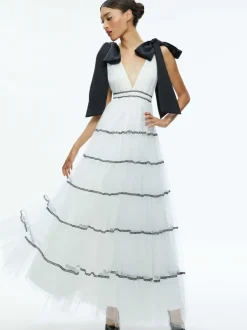 Women Alice and Olivia Jessalyn Bow Strap Tiered Maxi Gown