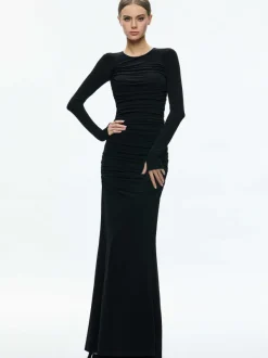 Women Alice and Olivia Katherina Crew Neck Long Sleeve Ruched Maxi Dress