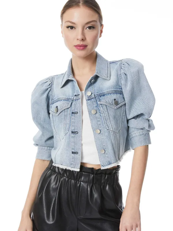 Women Alice and Olivia Lana Puff Sleeve Denim Jacket With Raw Hem