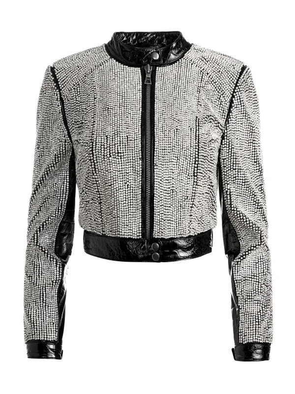 Women Alice and Olivia Lari Crystal Embellished Leather Jacket
