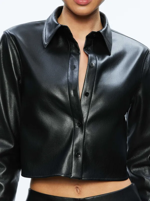 Women Alice and Olivia Leon Cropped Vegan Leather Button Down