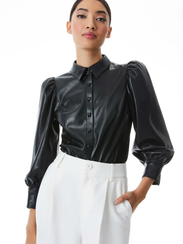 Women Alice and Olivia Nadine Vegan Leather Button Down
