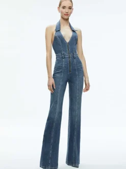 Women Alice and Olivia Noemi Halter Neck Denim Jumpsuit