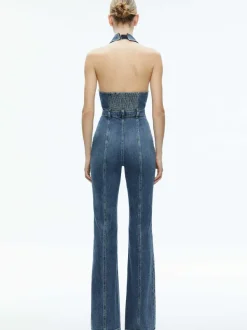 Women Alice and Olivia Noemi Halter Neck Denim Jumpsuit