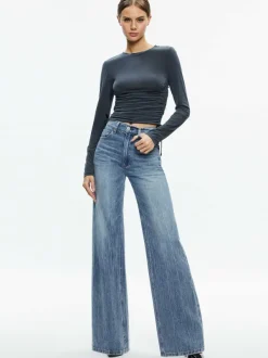 Women Alice and Olivia Percy Crewneck Ruched Cropped Top