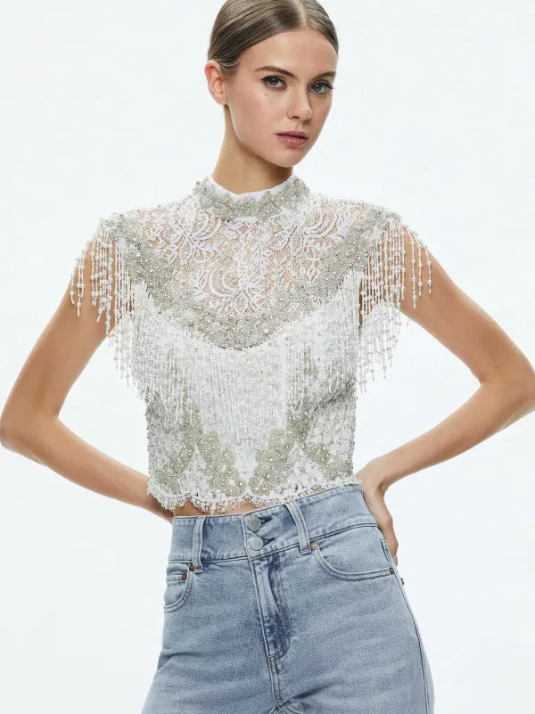 Women Alice and Olivia Pria Embellished Mock Neck Fringe Top
