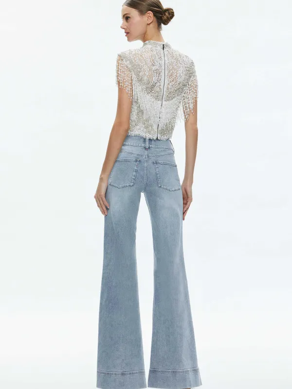 Women Alice and Olivia Pria Embellished Mock Neck Fringe Top
