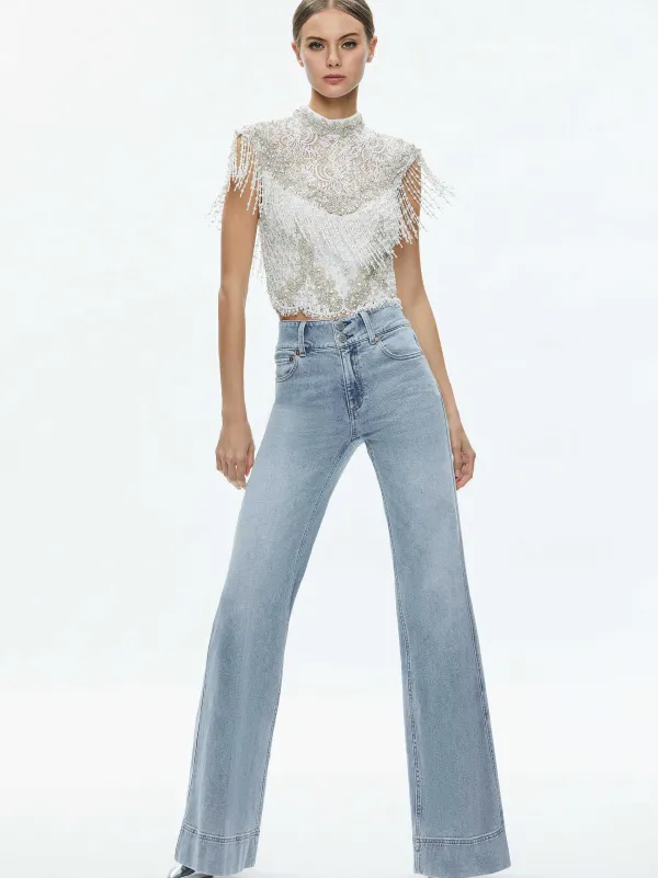 Women Alice and Olivia Pria Embellished Mock Neck Fringe Top