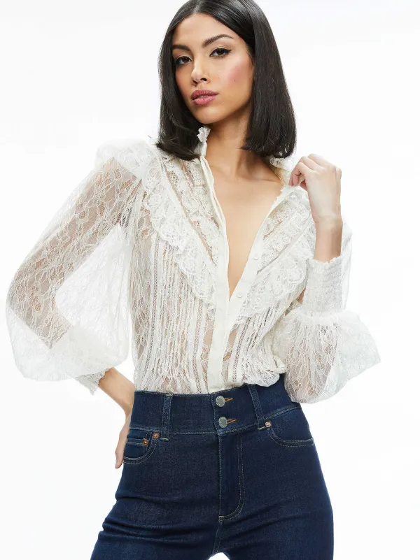 Women Alice and Olivia Rheba Mock Neck Button Front Lace Top