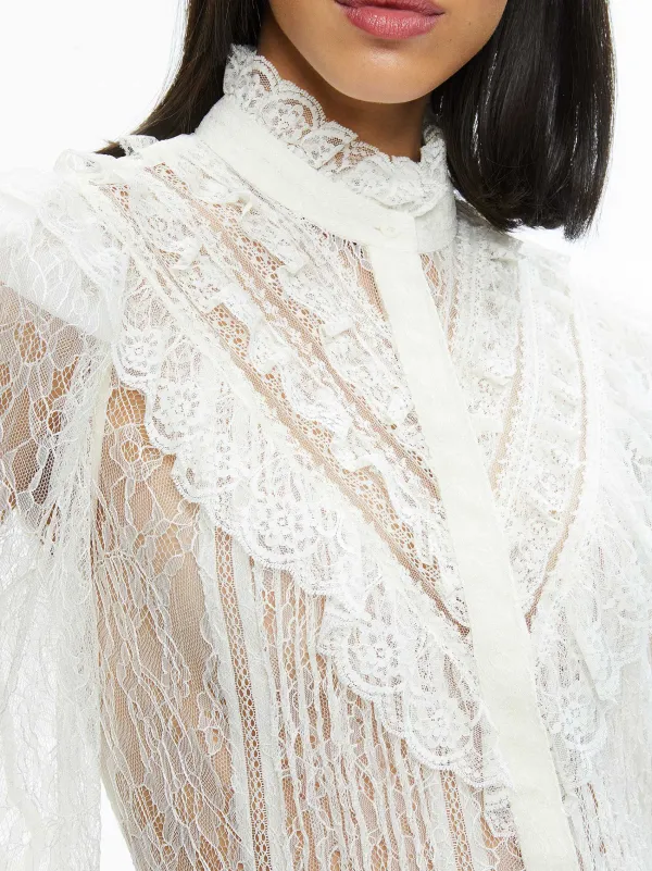 Women Alice and Olivia Rheba Mock Neck Button Front Lace Top