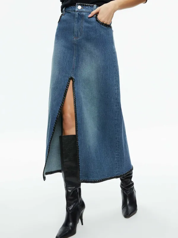 Women Alice and Olivia Rye Denim Maxi Skirt With Vegan Leather