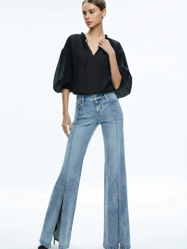 Women Alice and Olivia Sedona Low Rise Center Front Slits Flare Jean