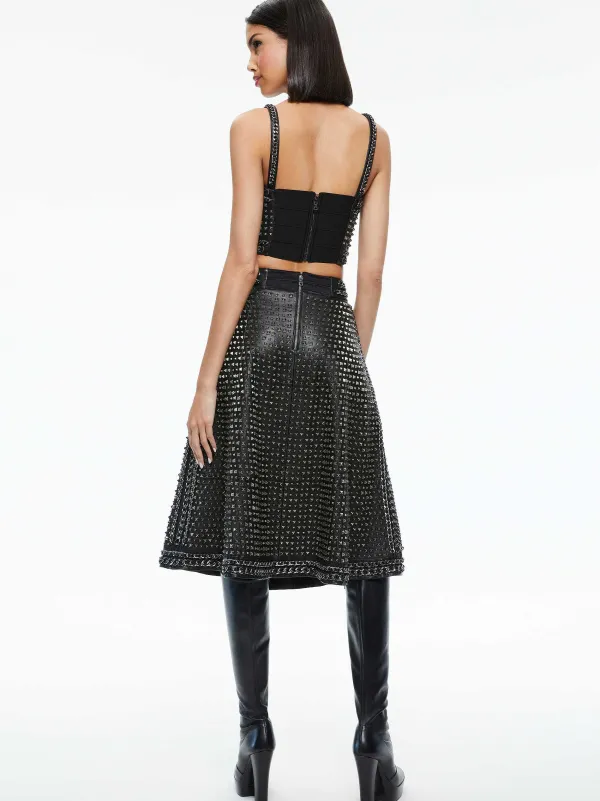 Women Alice and Olivia Sosie Studded Leather Midi Skirt